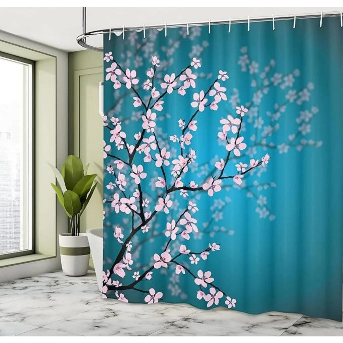 DUSCHVORHANG Blau Rosa Stoff Muster Sakura Dekor Badezimmer mit Haken - Grün, Textil (180/180cm) - MCBOSON