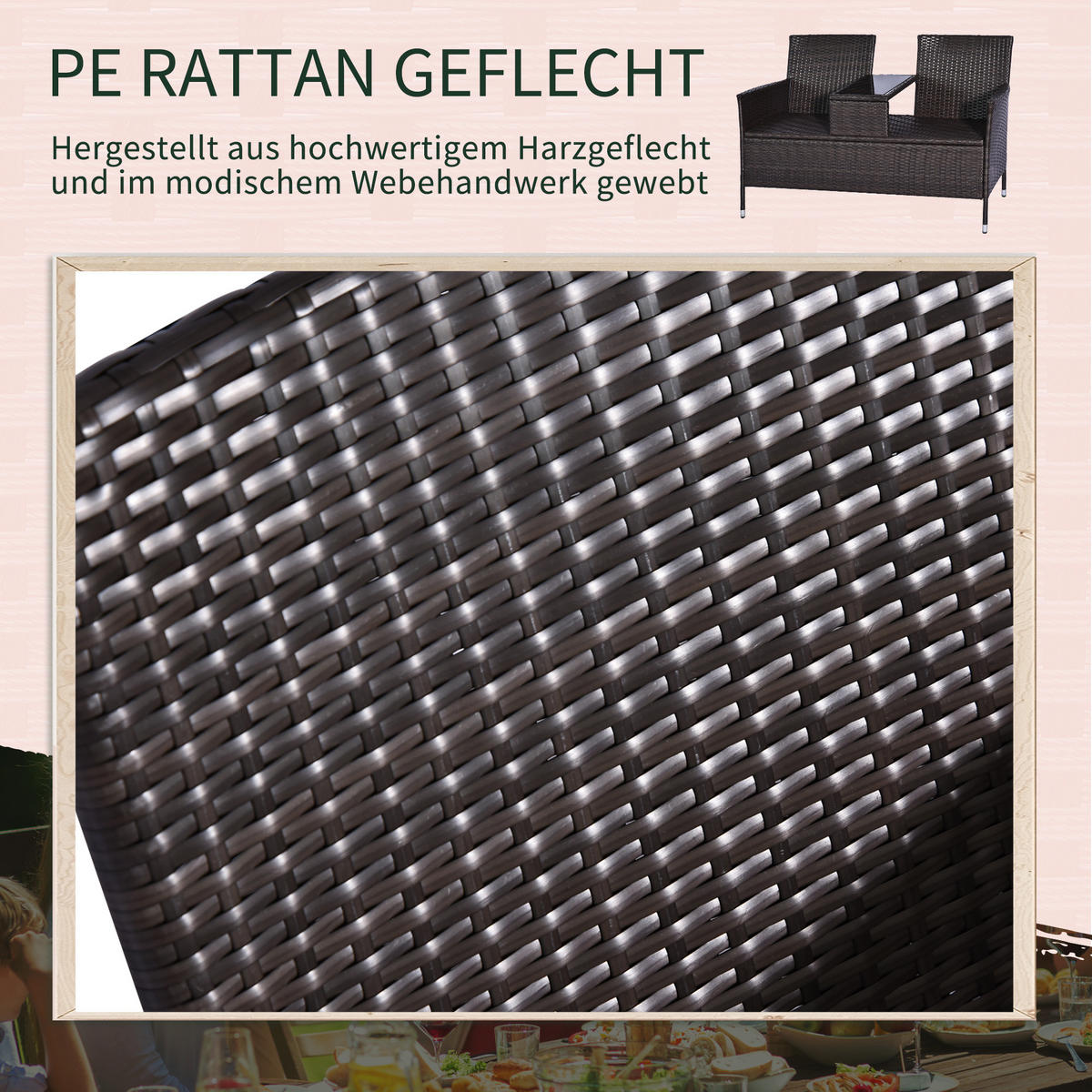 POLYRATTAN Gartenbank mit Tisch 2-Sitzer Stahl Braun B133 x T63 x H84cm - Braun, Kunststoff (63/84/133cm) - Outsunny