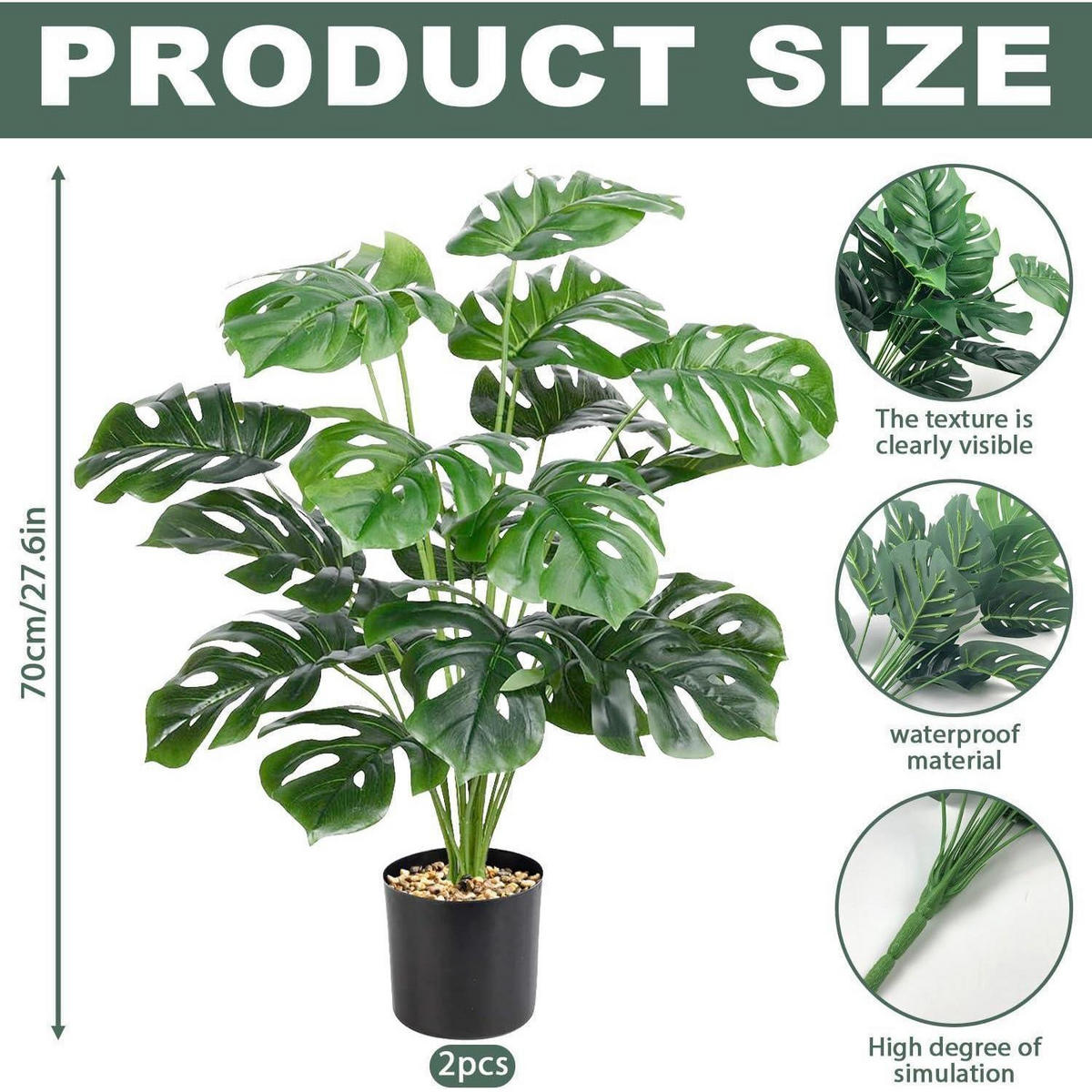 KUNSTPFLANZE 2-teiliges Set Monstera 70 cm - Grün, Kunststoff (10cm)