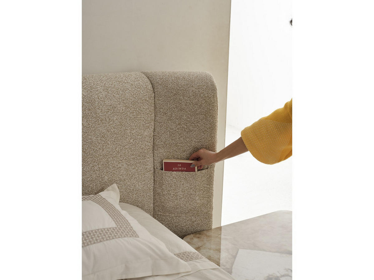 BETTANLAGE SEBASTIAN Schlafzimmer-Set, 4-teilig, Beige, Bett mit Kopfteil, 2 Nachttische und Kommode - Beige, Leder/Holzwerkstoff (160/200cm) - Villa Möbel