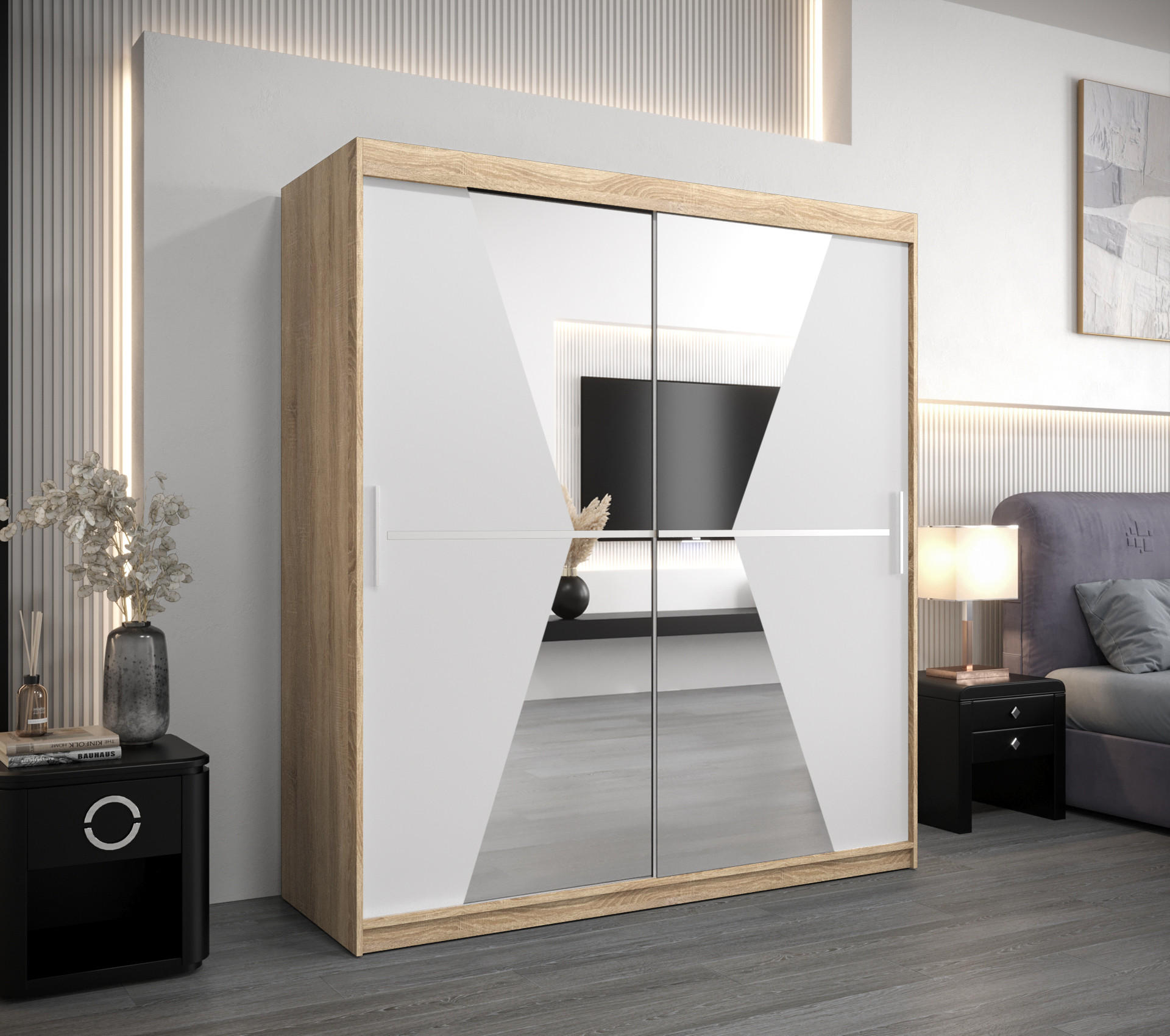 SCHWEBETÜRENSCHRANK 200/180/62 2-türig - Silberfarben/Weiß, Holz/Kunststoff (180/200/62cm) - Abiks Möbel
