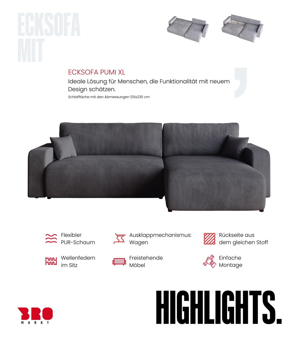 ECKSOFA PUMI XL mit Schlaffunktion Grau Cord - Grau, Textil (274/148cm) - Bromarkt