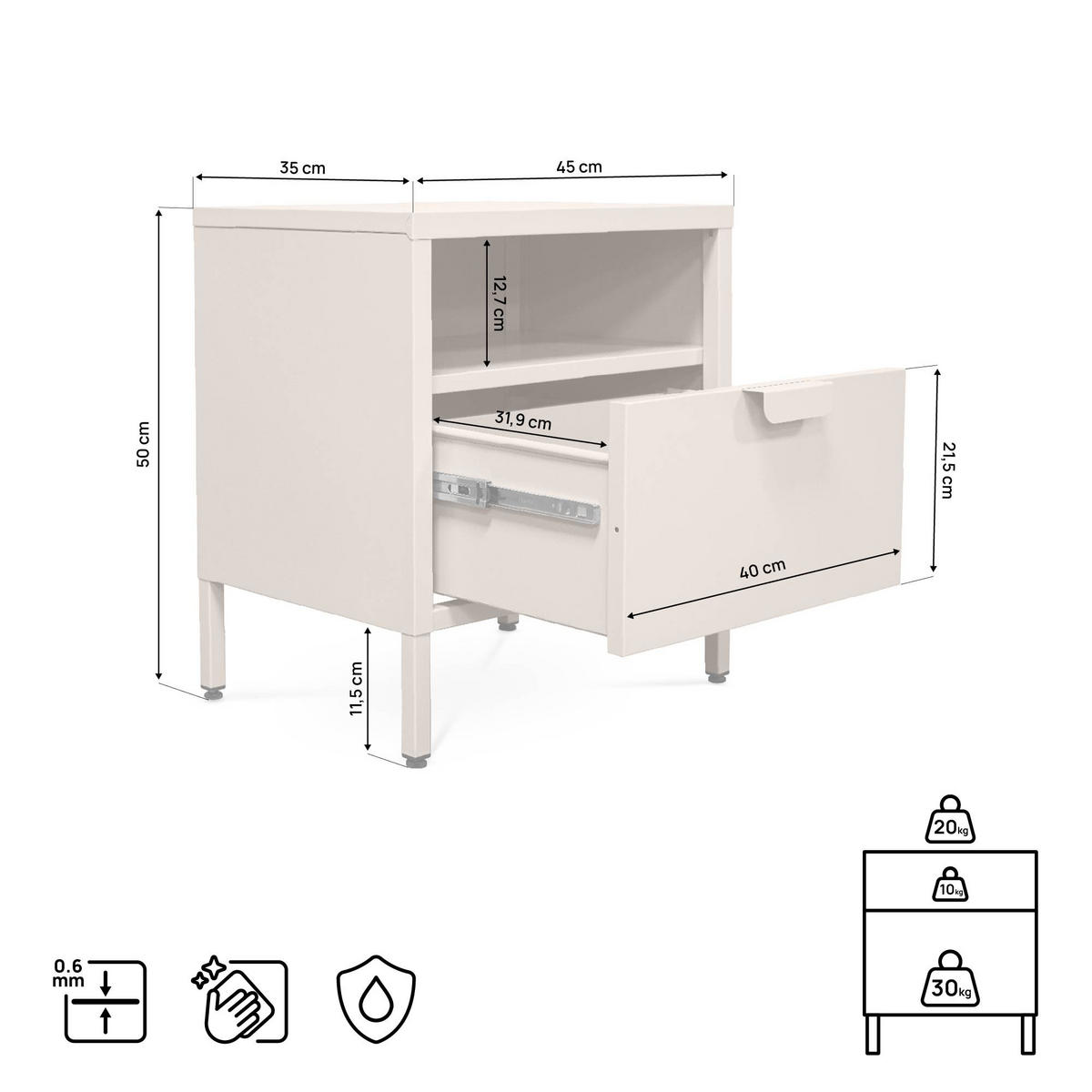 NACHTTISCHE 2er-Set Industrial-Design aus Metall, 1 Schublade, 1 Nische, Beige - Thea - Beige, Metall (45/50/35cm) - Casanoov