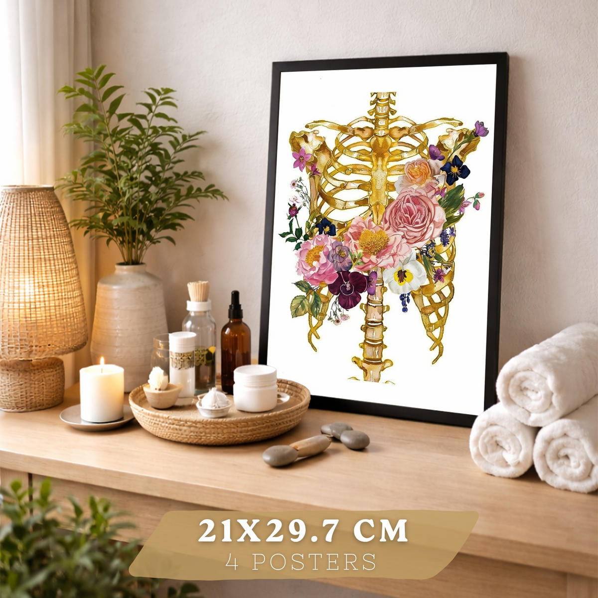 POSTER Set aus 4 Anatomie Mensch Drucke und Wandbilder mit Schädel Skelett Herz und Goldene Lungen Wanddekoration Größe Schwarzer Rahmen A4 - Schwarz, Papier (21/29.7/3cm) - Nacnic
