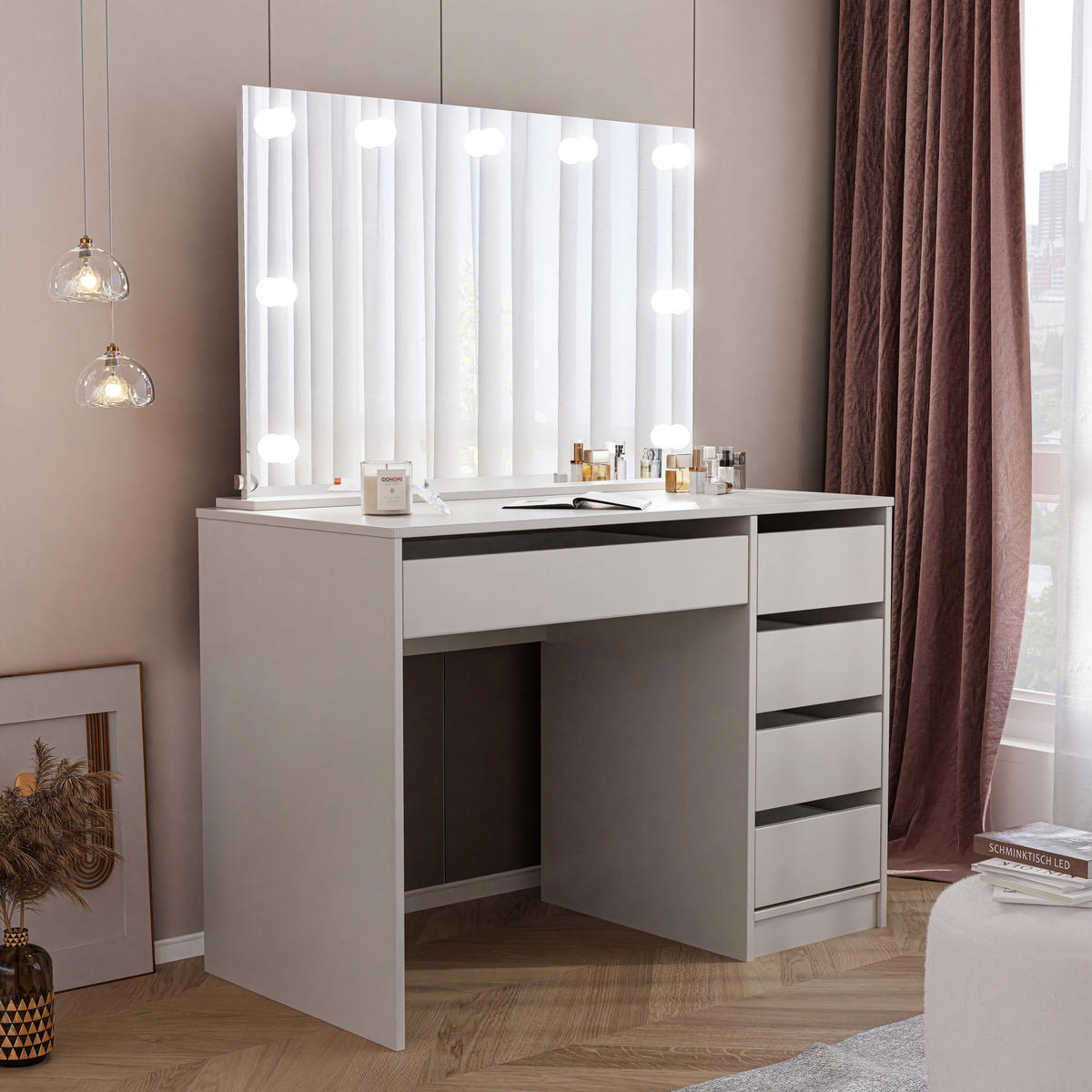 SCHMINKTISCH Bella Beige Cashmere 110 cm mit Spiegel und LED Beleuchtung - Kaschmir, Holzwerkstoff (110/77/55cm) - Idohome