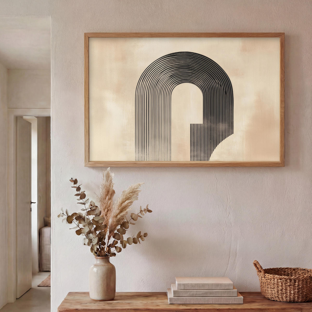 WANDLEUCHTE MIT AKKU Schleife - Streifen - Minimalistisch - Schwarz 90x60 cm - Beige, Holzwerkstoff (90/60/8cm) - OnlyWow