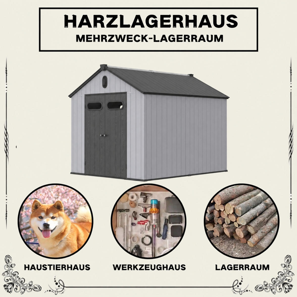 GERÄTEHAUS 285/235/231 cm Grau + Weiß mit 2 Türen und eine integrierte Regenrinne - Grau, Metall (235/231/285cm) - Oxeza