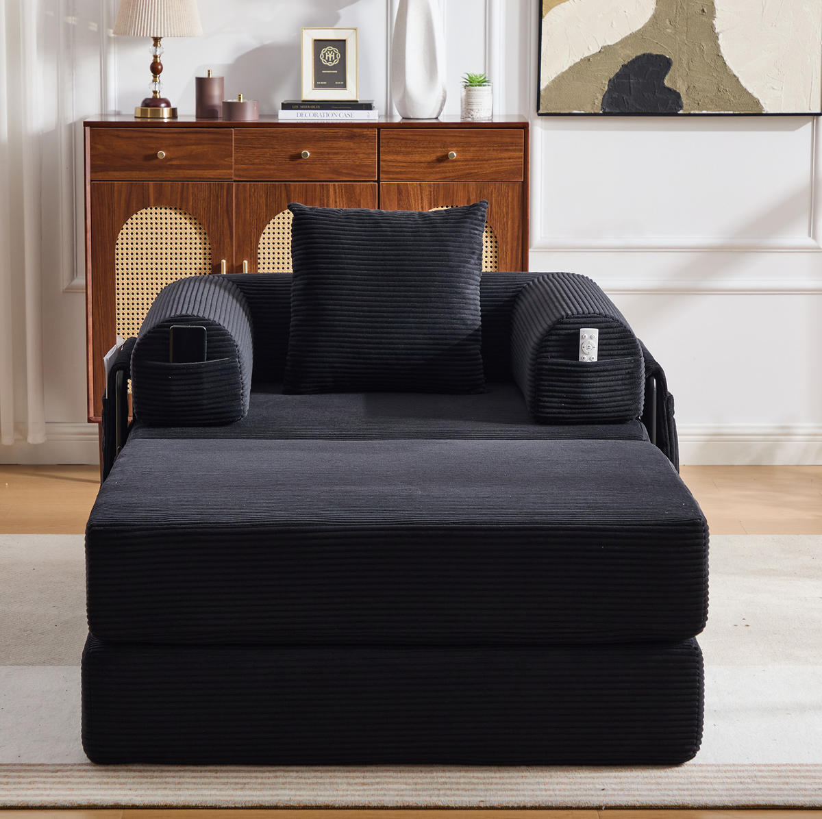 SCHLAFSOFA aus Cord 112x190x67 cm Schwarz mit Hocker, Seitentasche und Kissen - Schwarz, Textil (112/67/190cm) - Modfu