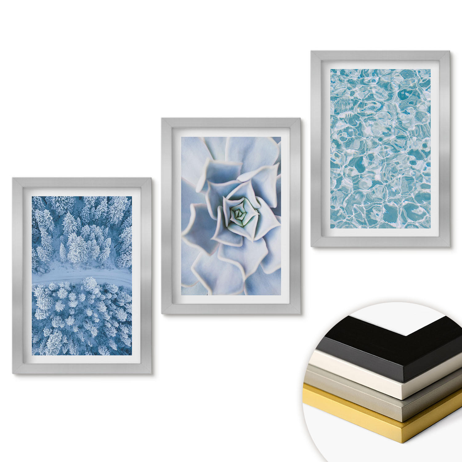 WANDBILDER 3er Set - 20x30 cm Silberner Rahmen - Winterwald blaue Blume Wasser - Silberfarben, Kunststoff (20/30cm) - ArtPrintCave