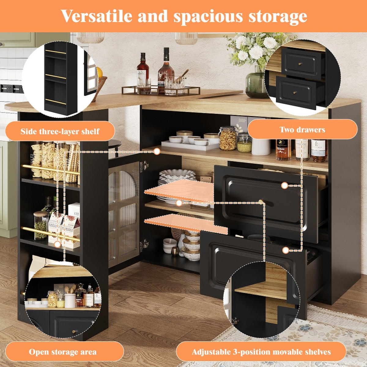 KÜCHENINSEL Stehtisch DREHBAR AUSZIEHBAR Essbar Sideboardschrank MDF Schwarz Wohnzimmer 138-204/39/104 cm - Schwarz, Kunststoff (39/104/138cm) - Rolipo
