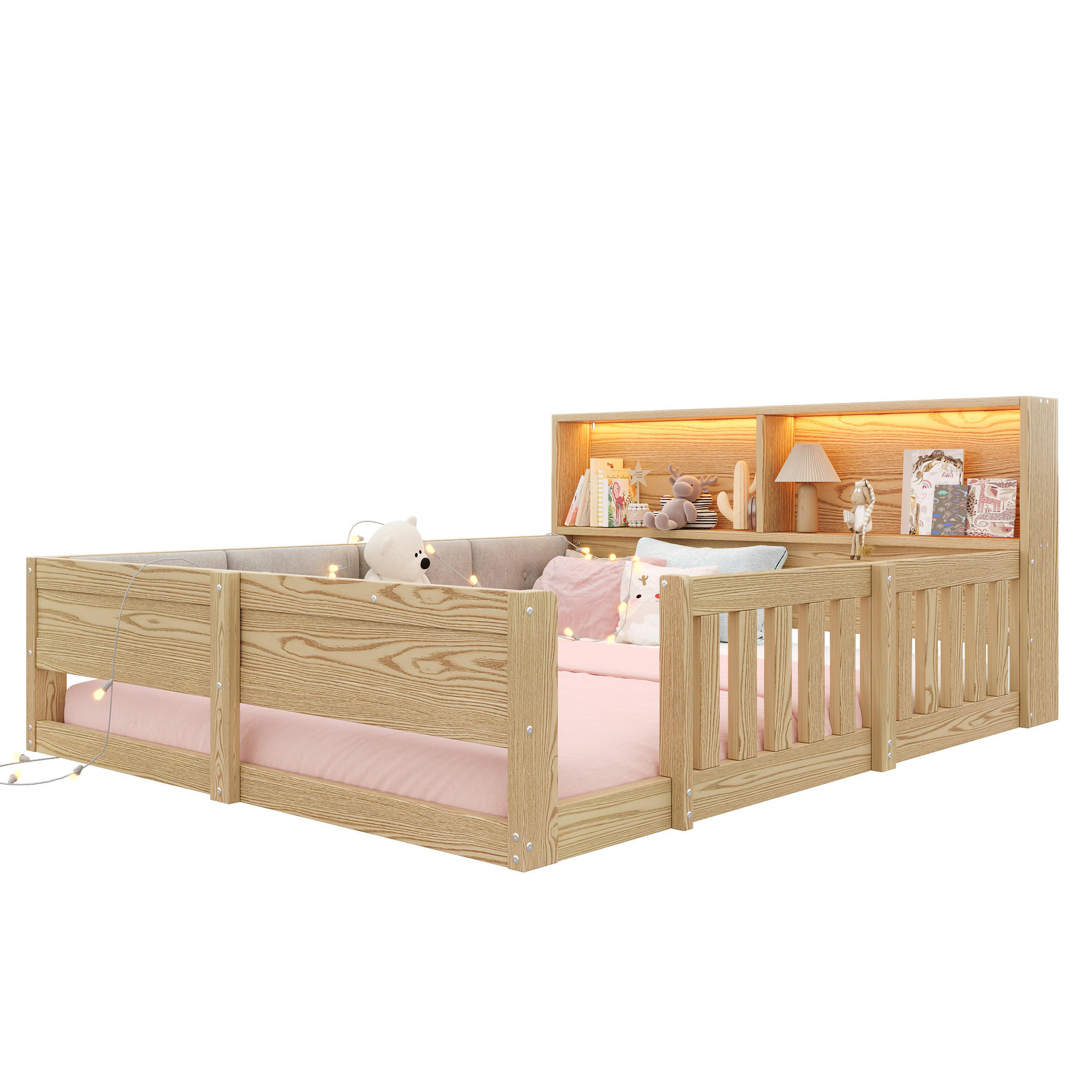 DĚTSKÁ POSTEL 140x200 Dřevěná Zábrana LED Přírodní - přírodní, kompozitní dřevo (140/200cm) - FLIEKS