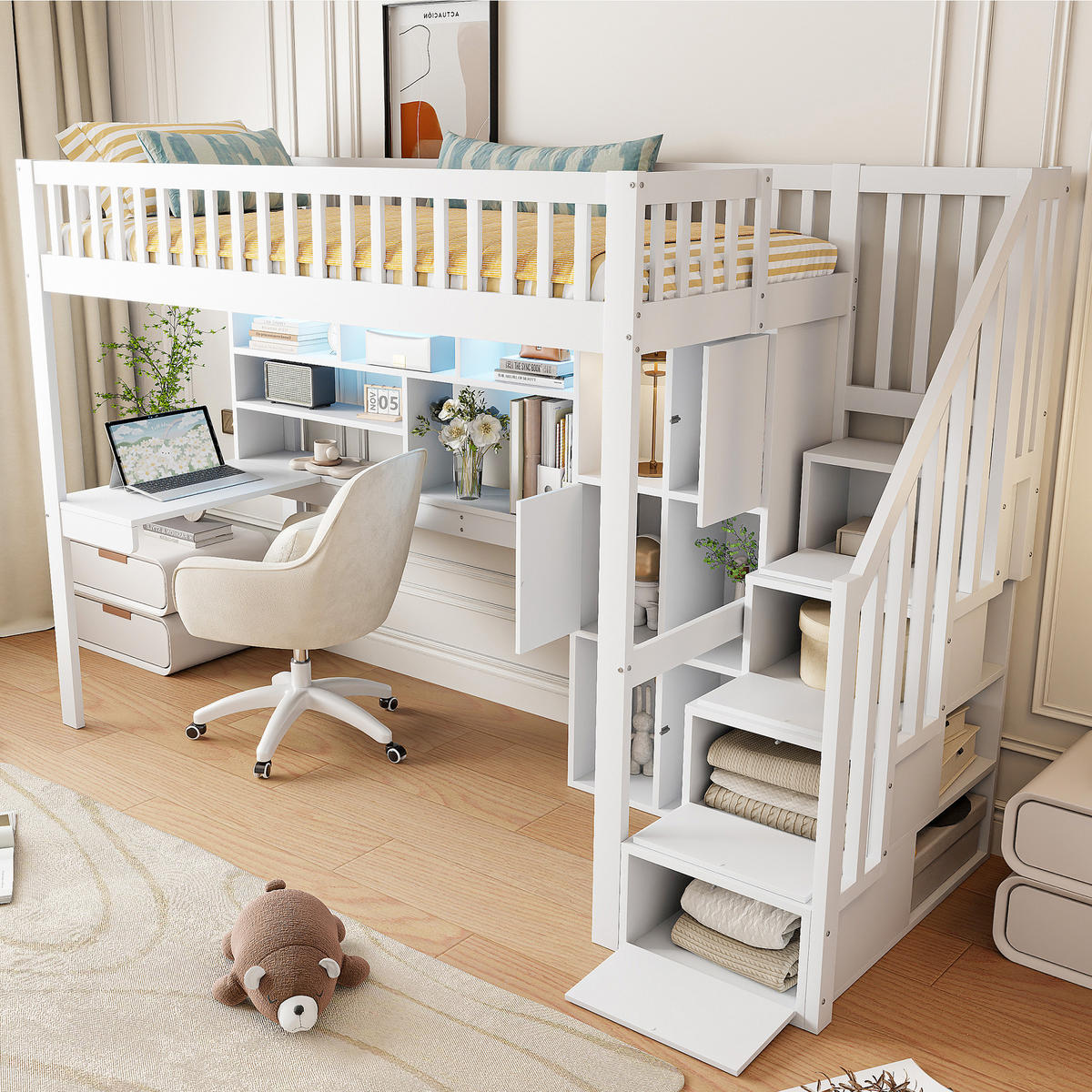 HOCHBETT 90x200cm Weiß LED-Licht Ablageleiter Regale Schreibtisch - Weiß, Holz (90/200cm) - FLIEKS