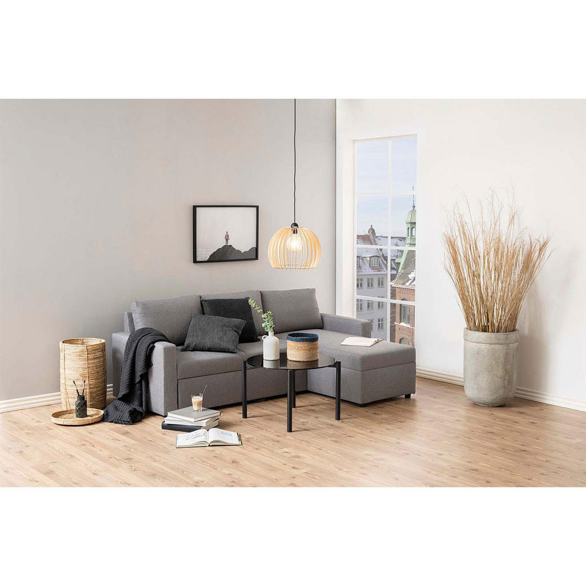 BÄDDSOFFA Sander för 3 personer 218 x 155 x 84 cm – grå - Grå, Träbaserade material/Textil (218/155cm) - ebuy24
