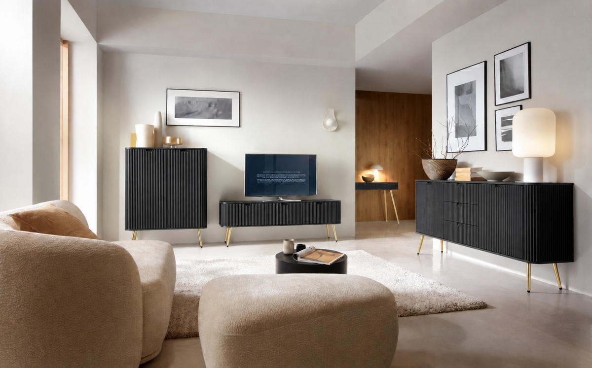TV-BOARD PORTO (Oval, Rillenfront, Schwarz Matt, Goldene Füße) - Goldfarben/Schwarz, Holz/Holzwerkstoff (168/56/39cm) - Ravio