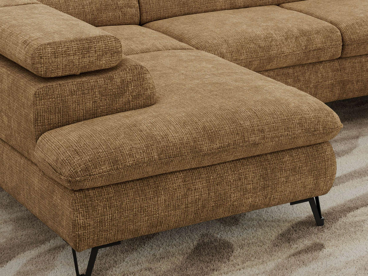 WOHNLANDSCHAFT PABLO U Schenille grob gewebt Hellbraun - Hellbraun/Schwarz, Textil/Metall (346/76/208cm) - MKS