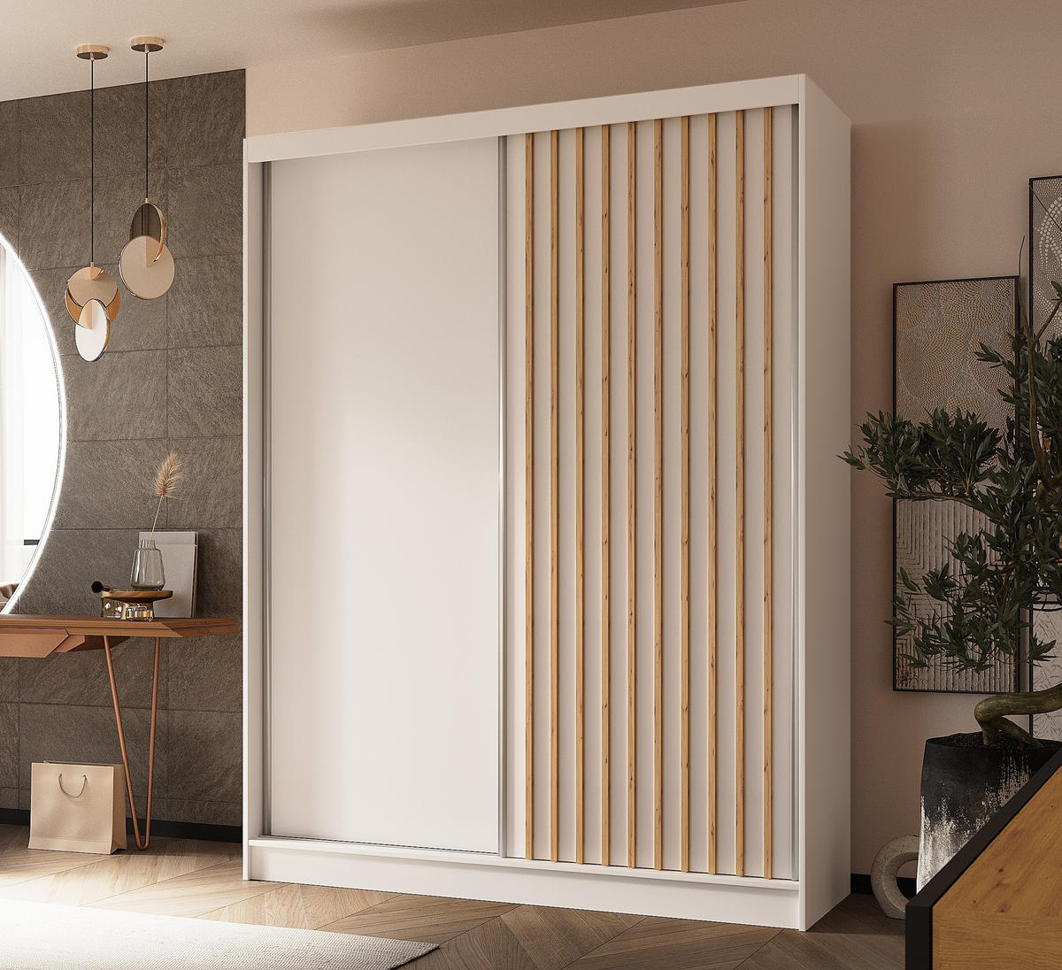 SCHWEBETÜRENSCHRANK Cabinio Weiß Eiche Artisan 160/216/61 cm – Modern, mit Lamellen - Walnussfarben/Weiß, Holzwerkstoff/Kunststoff (160/216.1/61cm) - AX Living