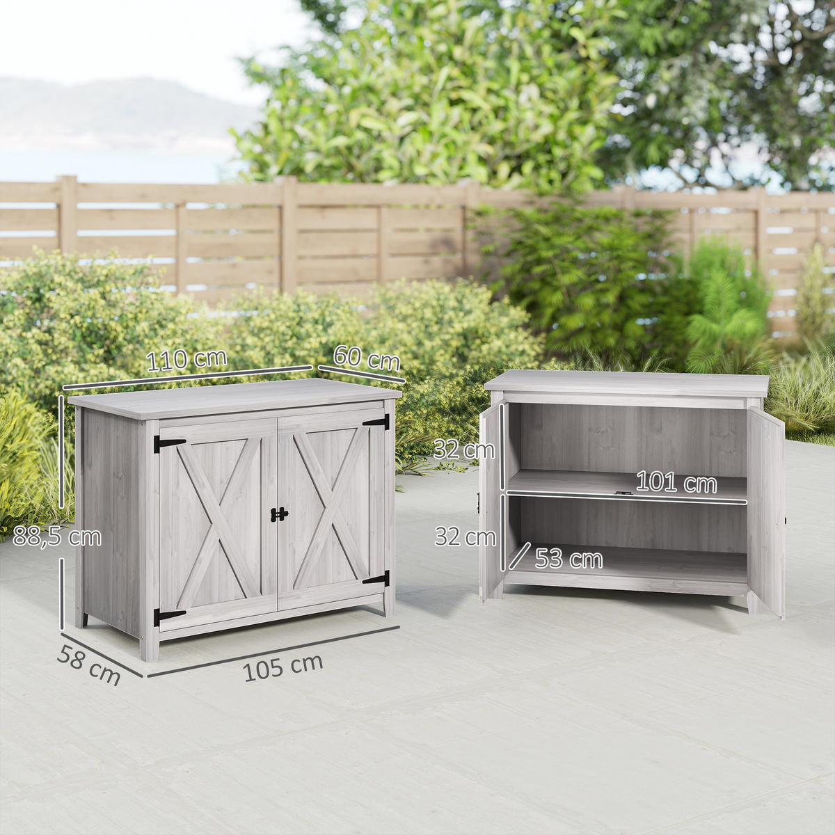 GARTENSCHRANK Holz, Geräteschuppen wetterfest 110x60x88,5cm, Gerätehaus Dach - Hellgrau, Holz (60/88.5/110cm) - Outsunny