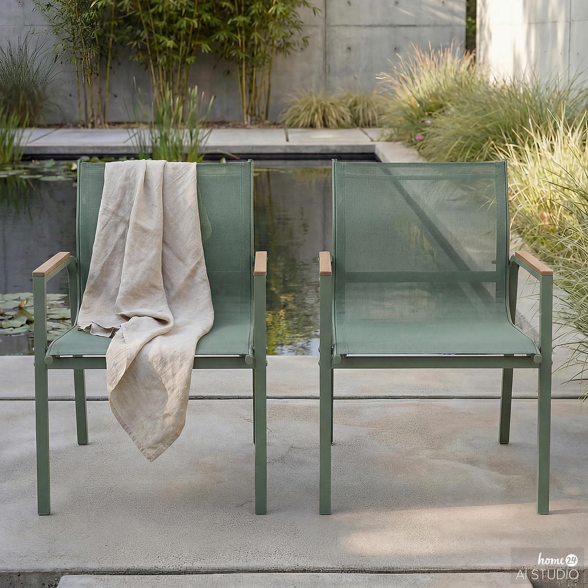 GARTENSTUHL - 2er-Set - Stahl / Olefin - Grün, Textil/Metall (57/91/64cm) - home24