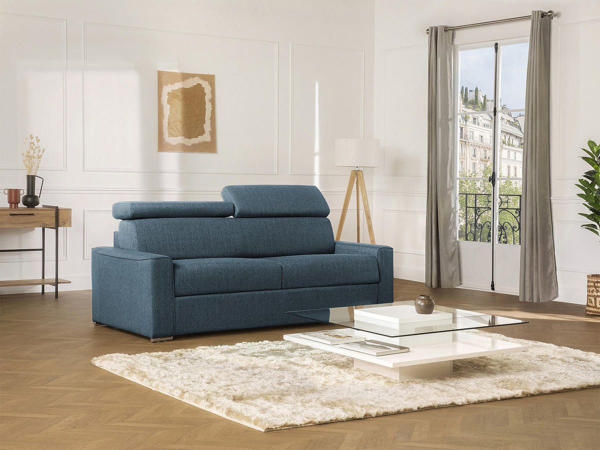 SCHLAFSOFA 4-Sitzer - Liegefläche mit Lattenrost: 160 cm - Matratze: 22 cm mit Memory Schaum - Stoff - Blau - VIZIR - Blau, Textil (216/110/223cm) - Vente-Unique
