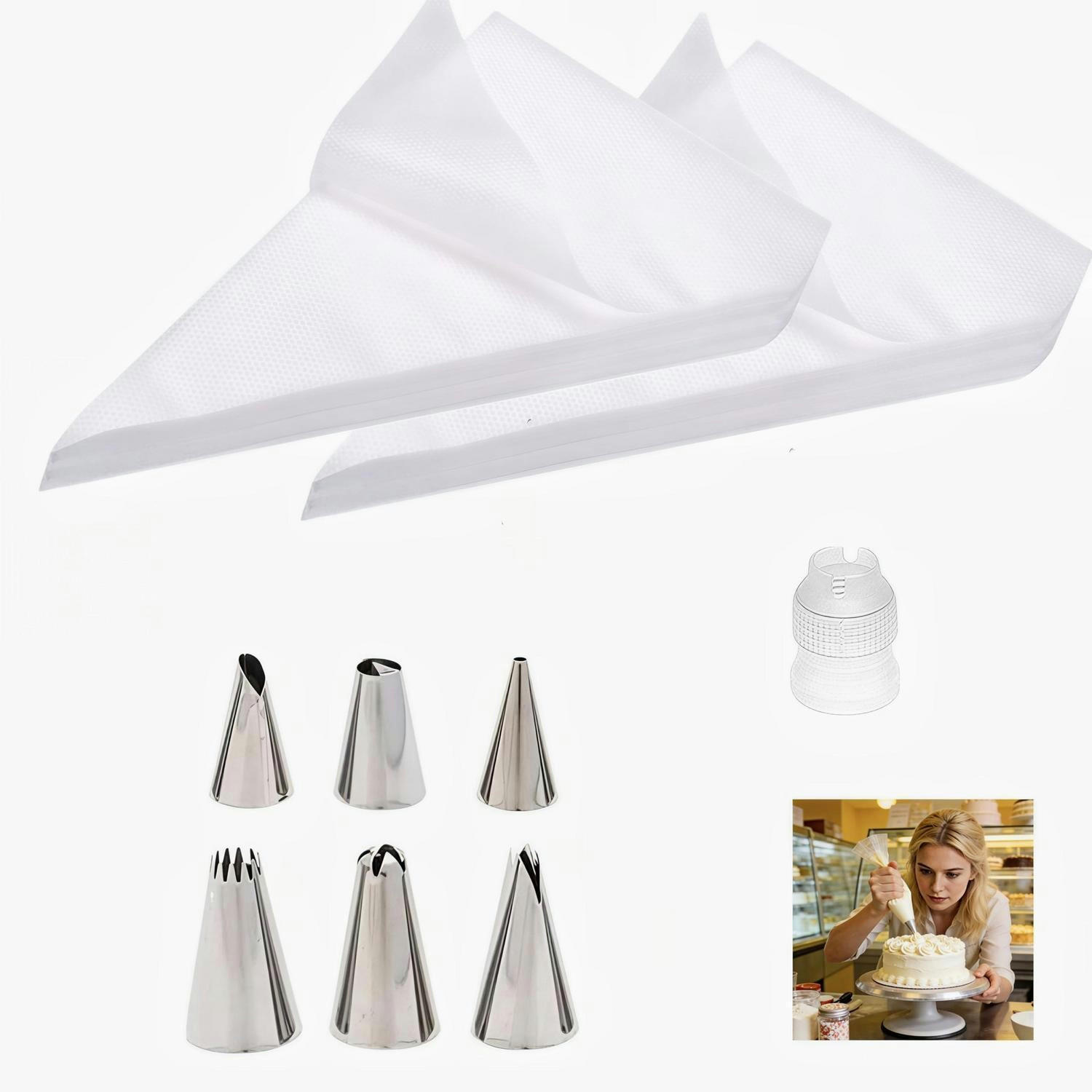 SPRITZBEUTEL Set 100 Stück mit 7 Edelstahl-Tüllen 20 x 30 cm - Transparent, Kunststoff (20/1/30cm)