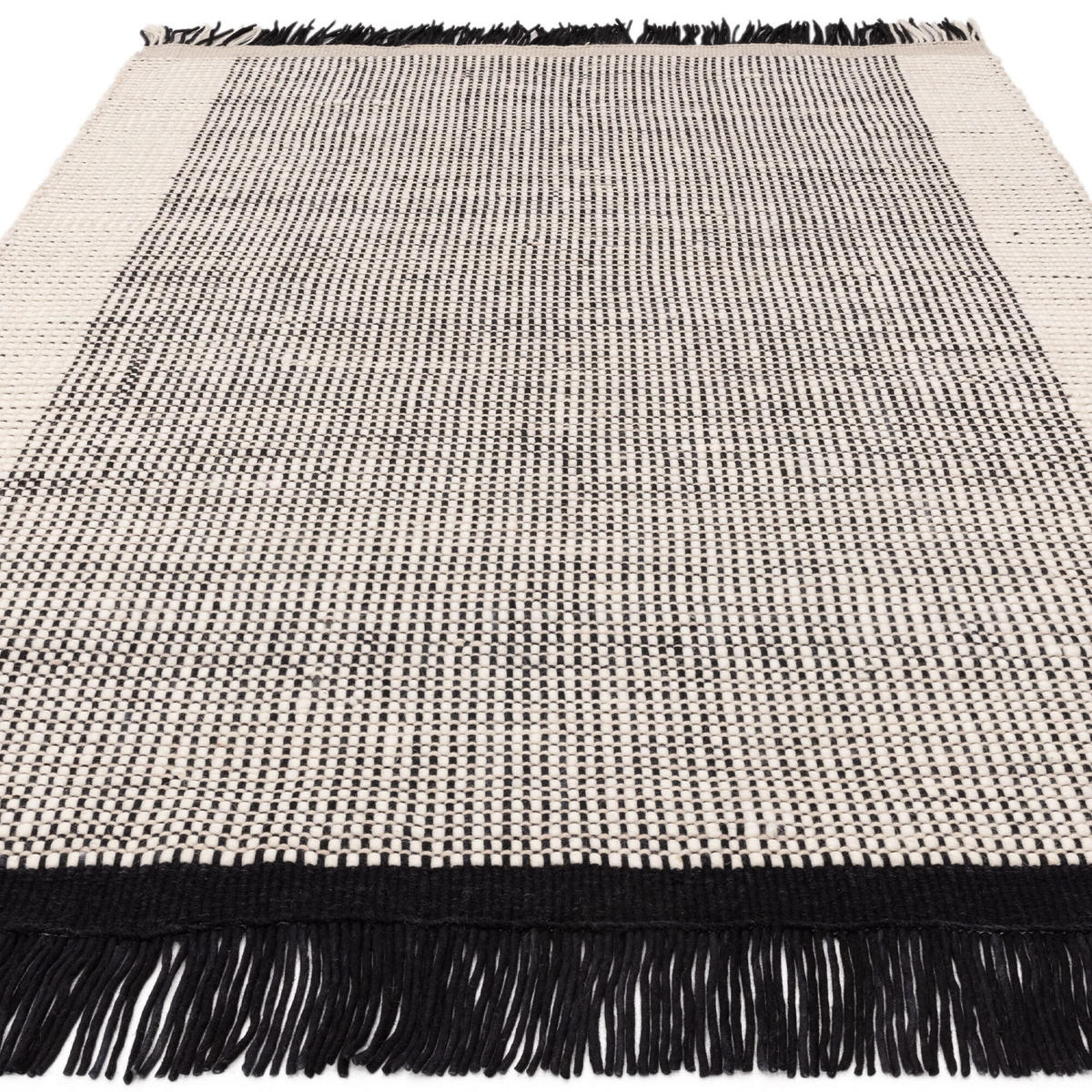 TEPPICH Wolle handgewebt mit Korbmuster Fransen PISA, Schwarz-Weiß 120x170 cm - Schwarz, Textil (120/170cm) - KADIMA DESIGN