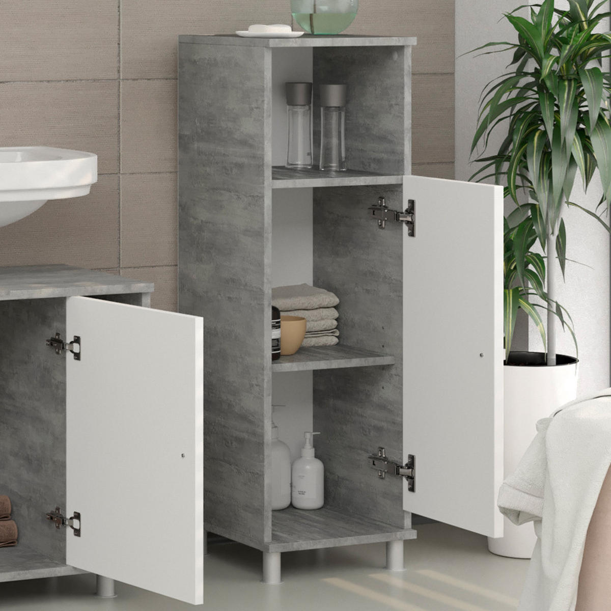 MIDISCHRANK Fynn Beton 30 x 95 cm - Weiß/Grau, Holzwerkstoff (30/95/30cm) - Vicco