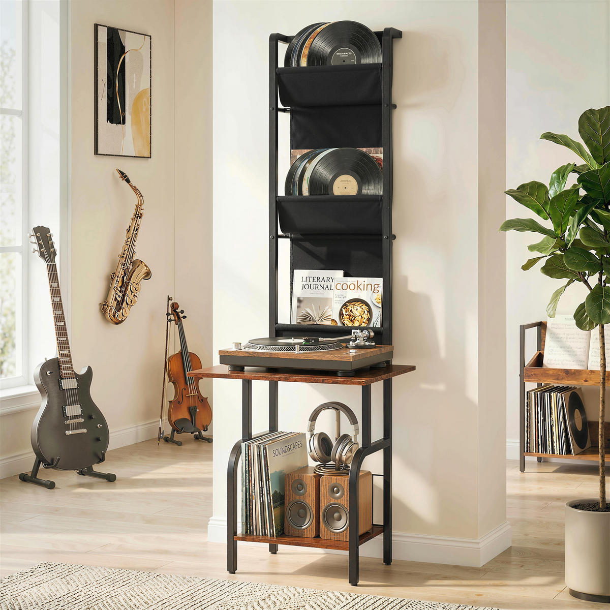 CD-REGAL Braun und Schwarz mit 3 Stofftaschen - Wildeiche, Metall (50/144/48.5cm) - PANGIVO