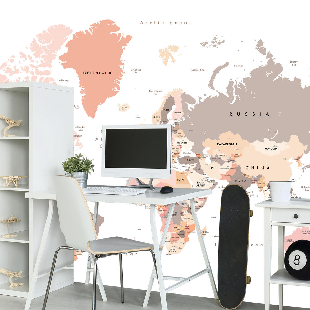 FOTOTAPETE für Büro Pastell Weltkarte Kontinente Ozean Länder 450x315 - Beige/Schwarz, Papier (450/315cm) - Muralo