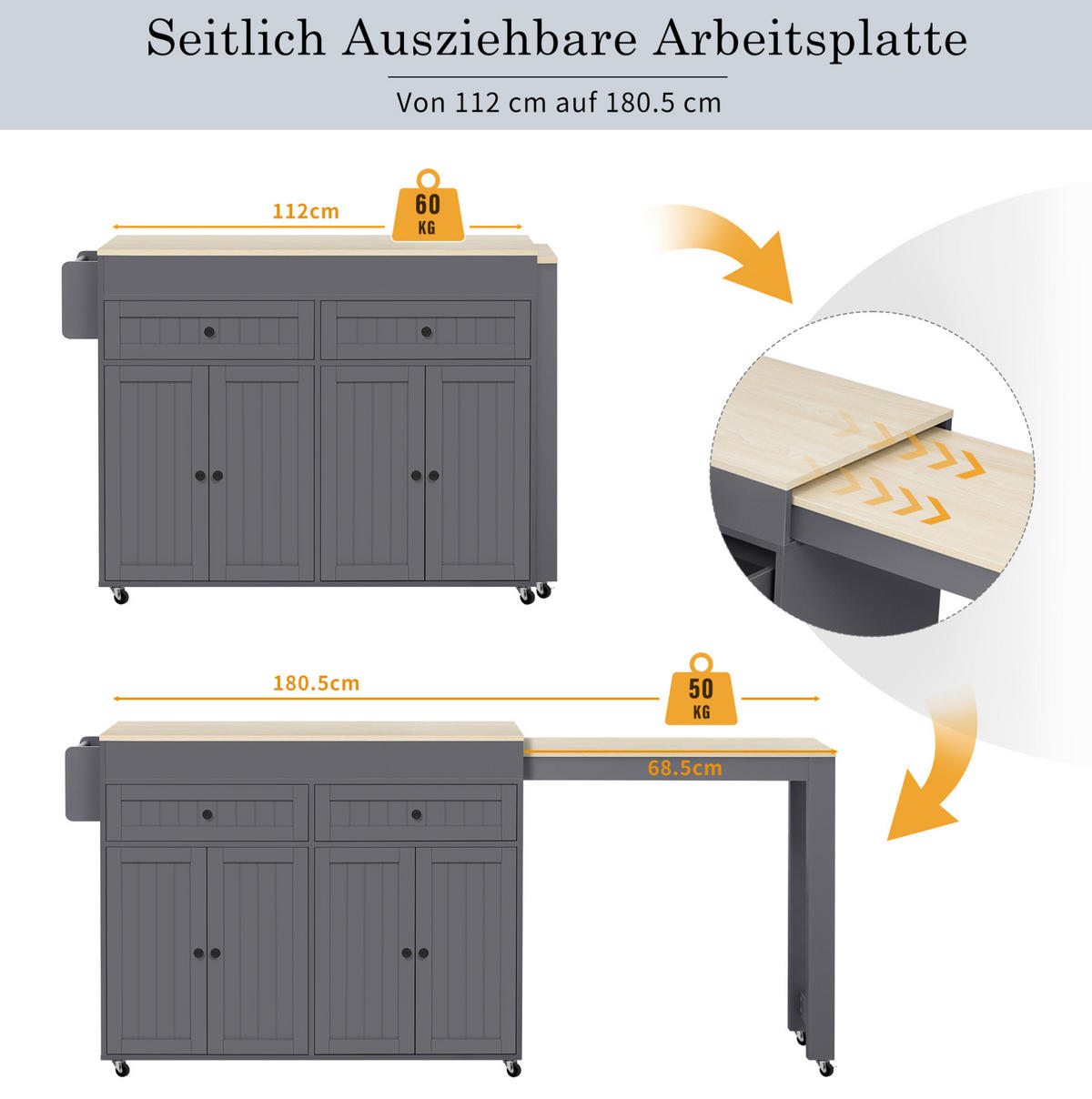 KÜCHENINSEL 112-180,5/45/92,2 cm mit ausziehbarer Arbeitsplatte und Rollen, platzsparender Stauraum, Natur/Grau - Grau, Holzwerkstoff (180.5/92.2/45cm) - Redom