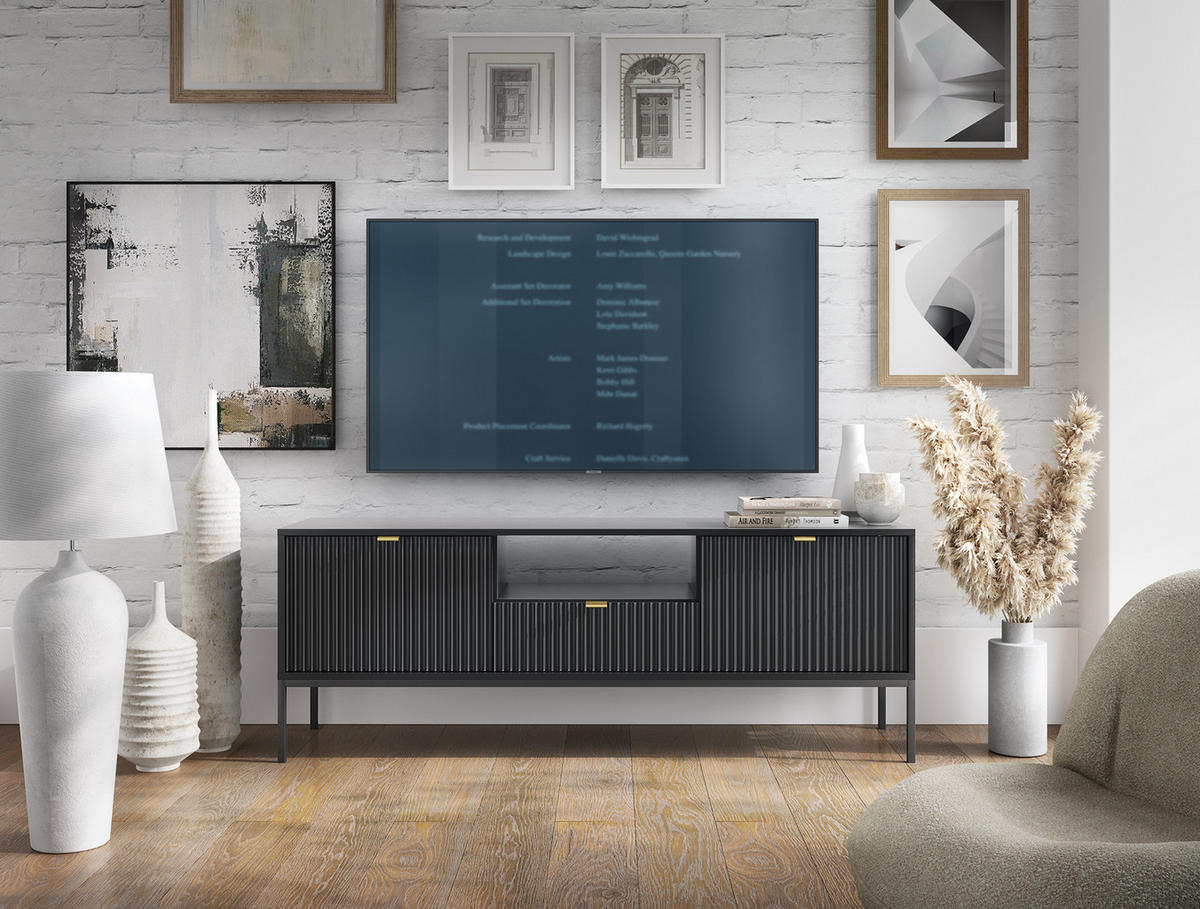 TV-SCHRANK NOVA Geriffelt Regal, 2 Türen, Schublade, Schwarze Beine, 154x39x56cm, Schwarz - Schwarz, Holzwerkstoff/Kunststoff (154/56/39cm) - DomoHome