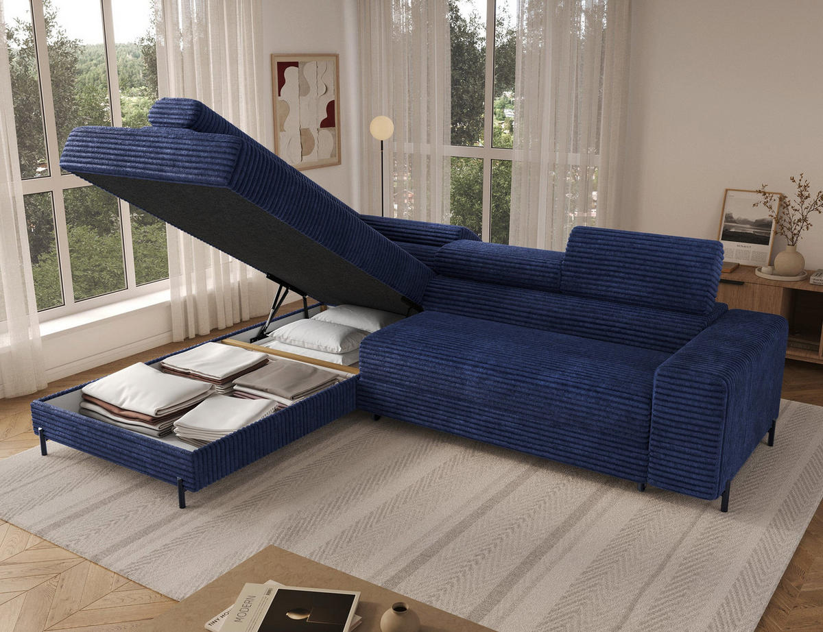 ECKSOFA COLESIO L-Form, Schlaffunktion, Bettkasten, verstellbare Kopfstützen, Wellenfederung, Metallfüße, breiter Cordstoff - Schwarz/Dunkelblau, Kunststoff/Metall (269/204cm) - Wohnideebilder