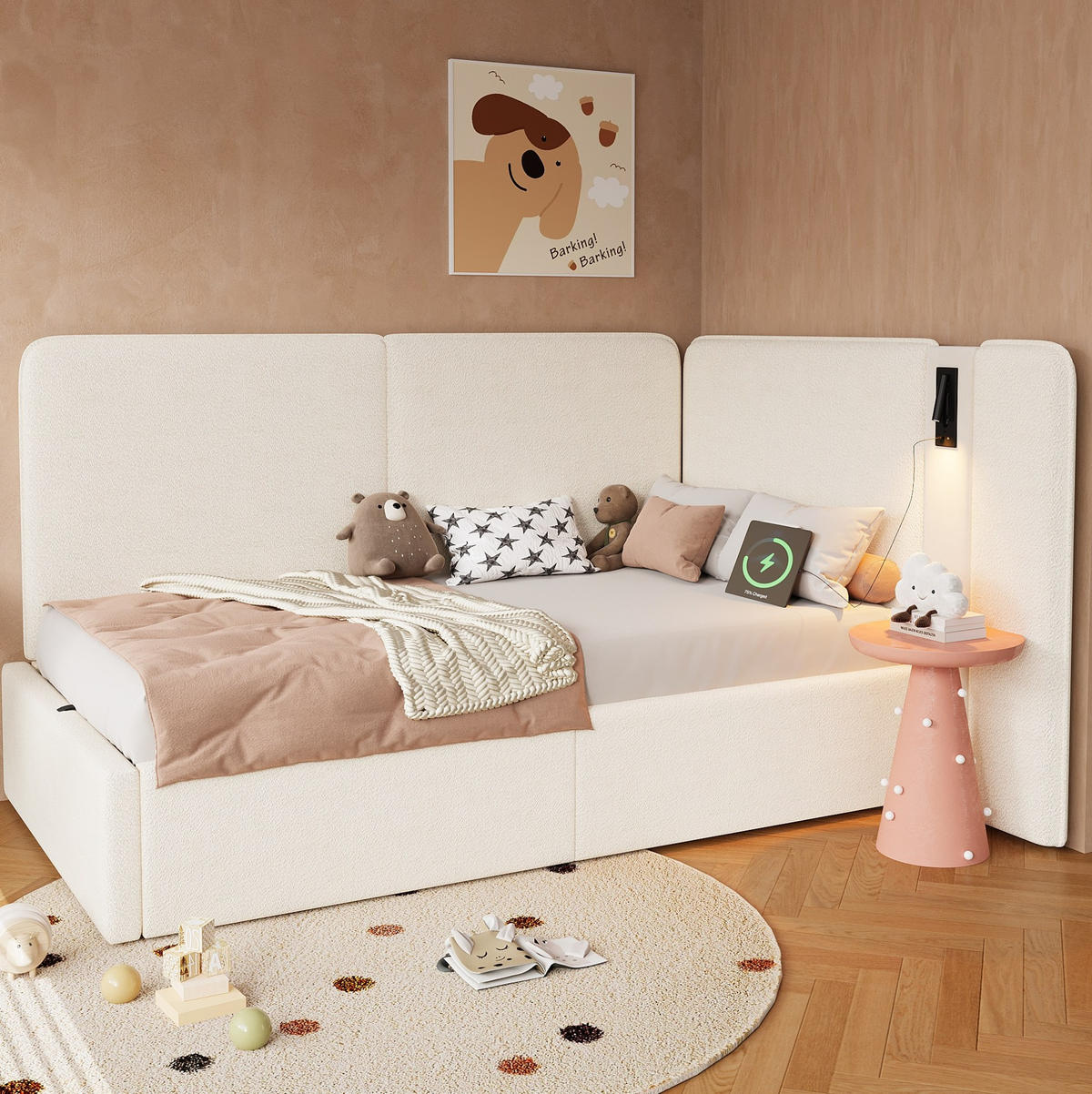 BETT 90/200 cm mit Bettkasten, USB-C-Anschluss und Leselampe, Bouclé Beige - Beige, Textil (90/200cm) - BEAOK