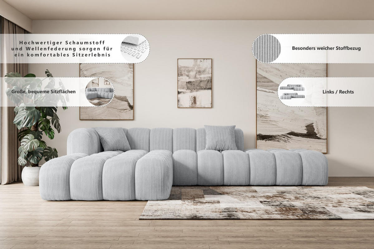 ECKSOFA Ottomane Links OLEA-L2 - 289x176x71 cm Senfgelb Cord - Gelb/Schwarz, Holzwerkstoff/Kunststoff (176/289cm) - ALTDECOR