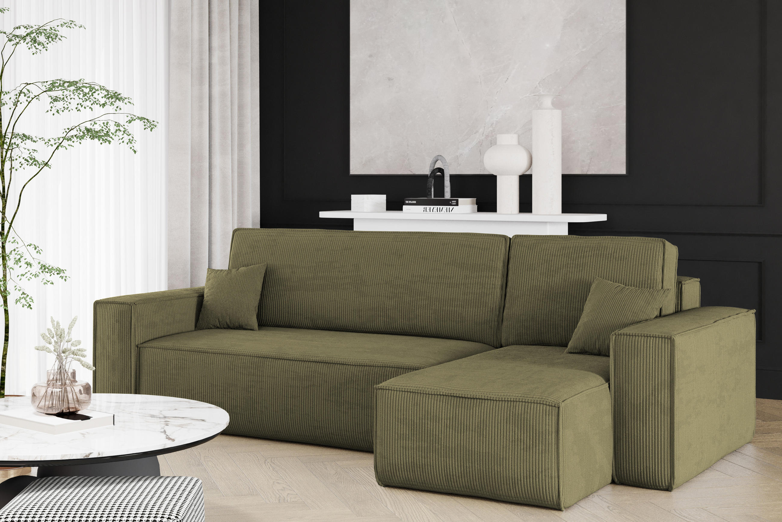 ECKSOFA Mit Schlaffunktion Und Bettkasten BEST Stoff Poso Dicker Cord Olive Rechts - Olivgrün, Holz/Textil (244/142cm) - Kaiser Möbel