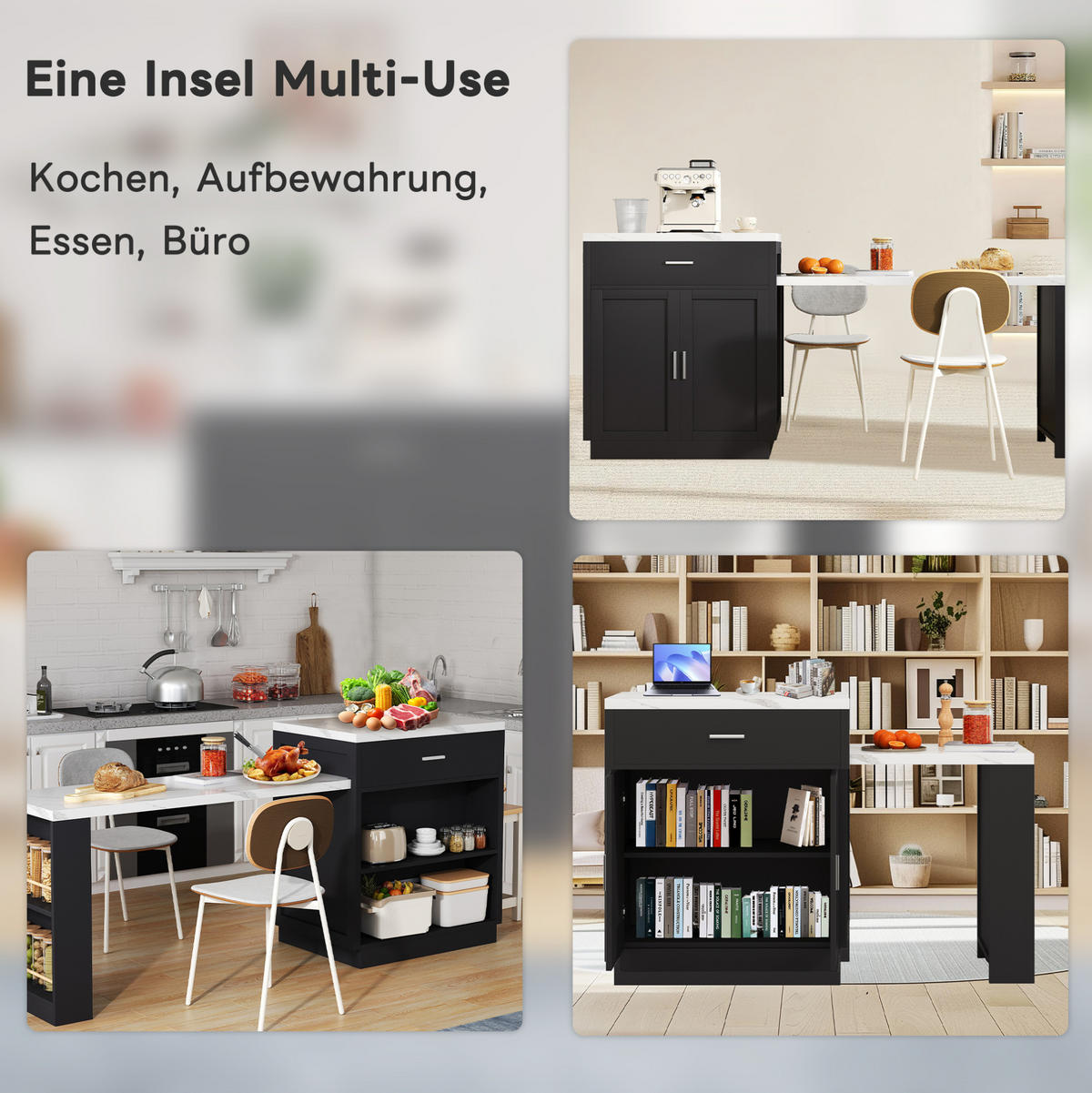 KÜCHENINSEL 211/89,5/55 cm Schwarz aus MDF mit ausziehbarem Esstisch - Schwarz, Holzwerkstoff (55/89.5/211cm) - OKMYHOME