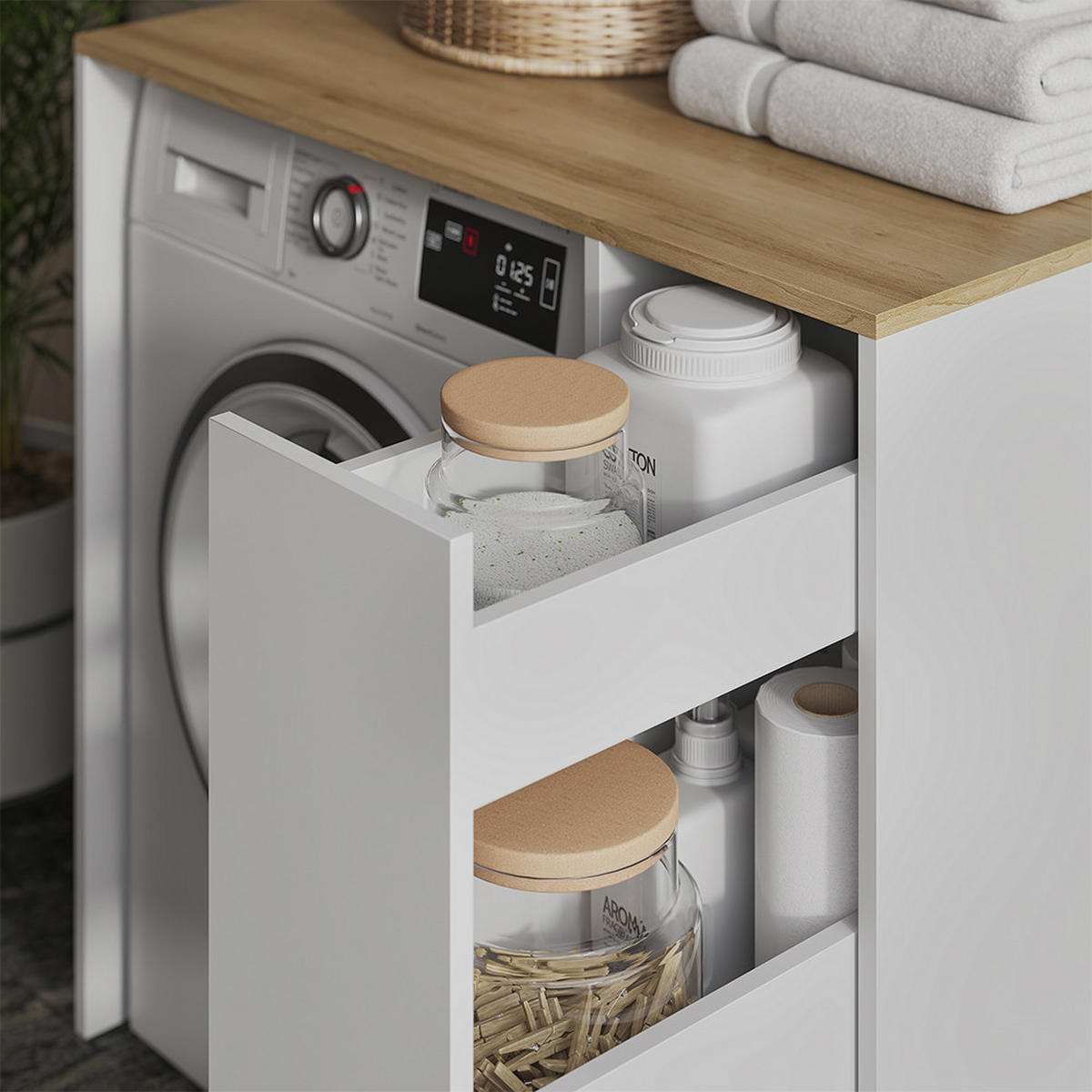 WASCHMASCHINENSCHRANK Viktor, Weiß/Artisan-Eiche, 93.6 x 88.2 cm mit Rollcontainer - Weiß/Eiche Artisan, Holzwerkstoff (93.6/88.2/60cm) - Vicco