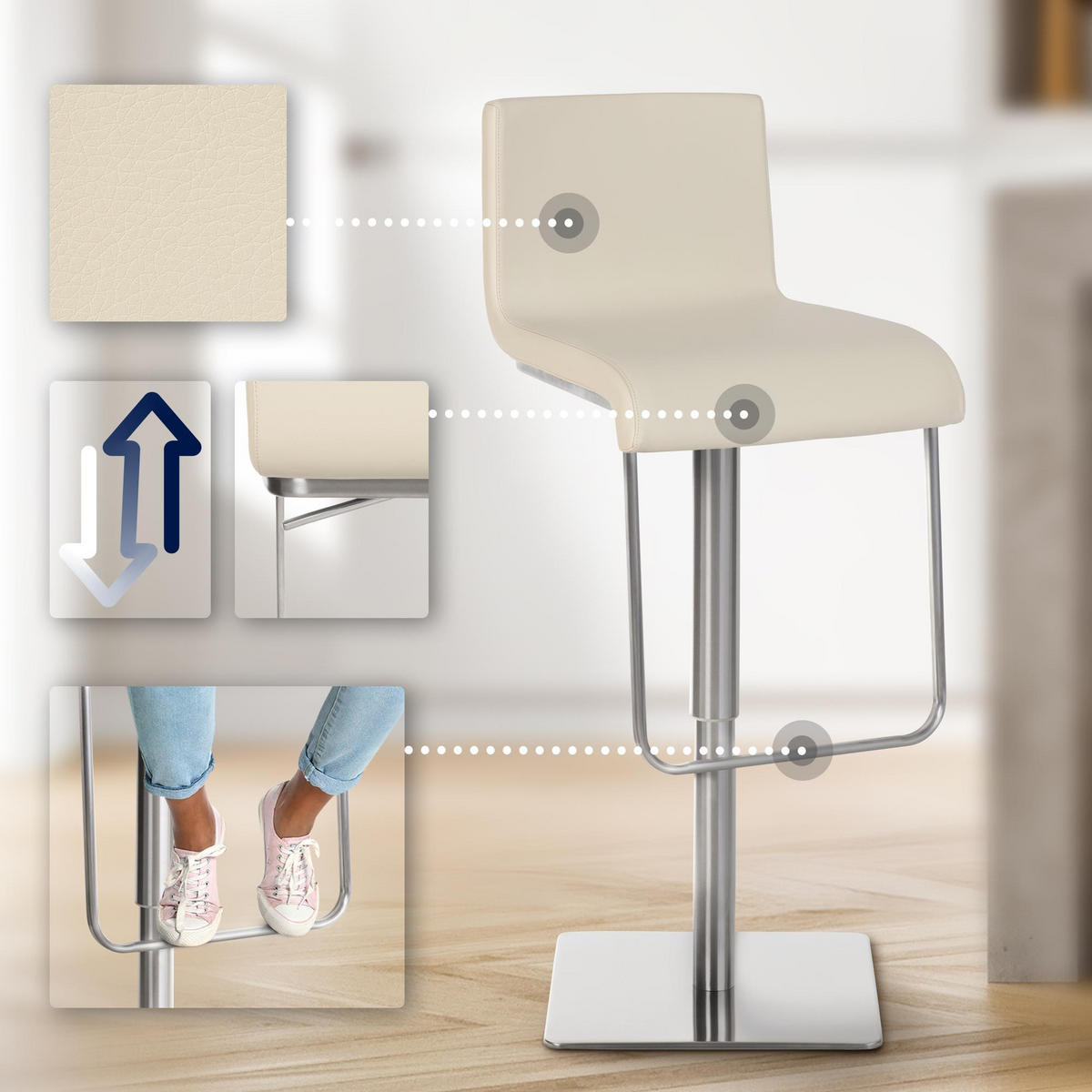 BARHOCKER 2er Set Lederlook Creme - Edelstahlfarben/Creme, Textil/Metall (41/80/46cm) - CLP