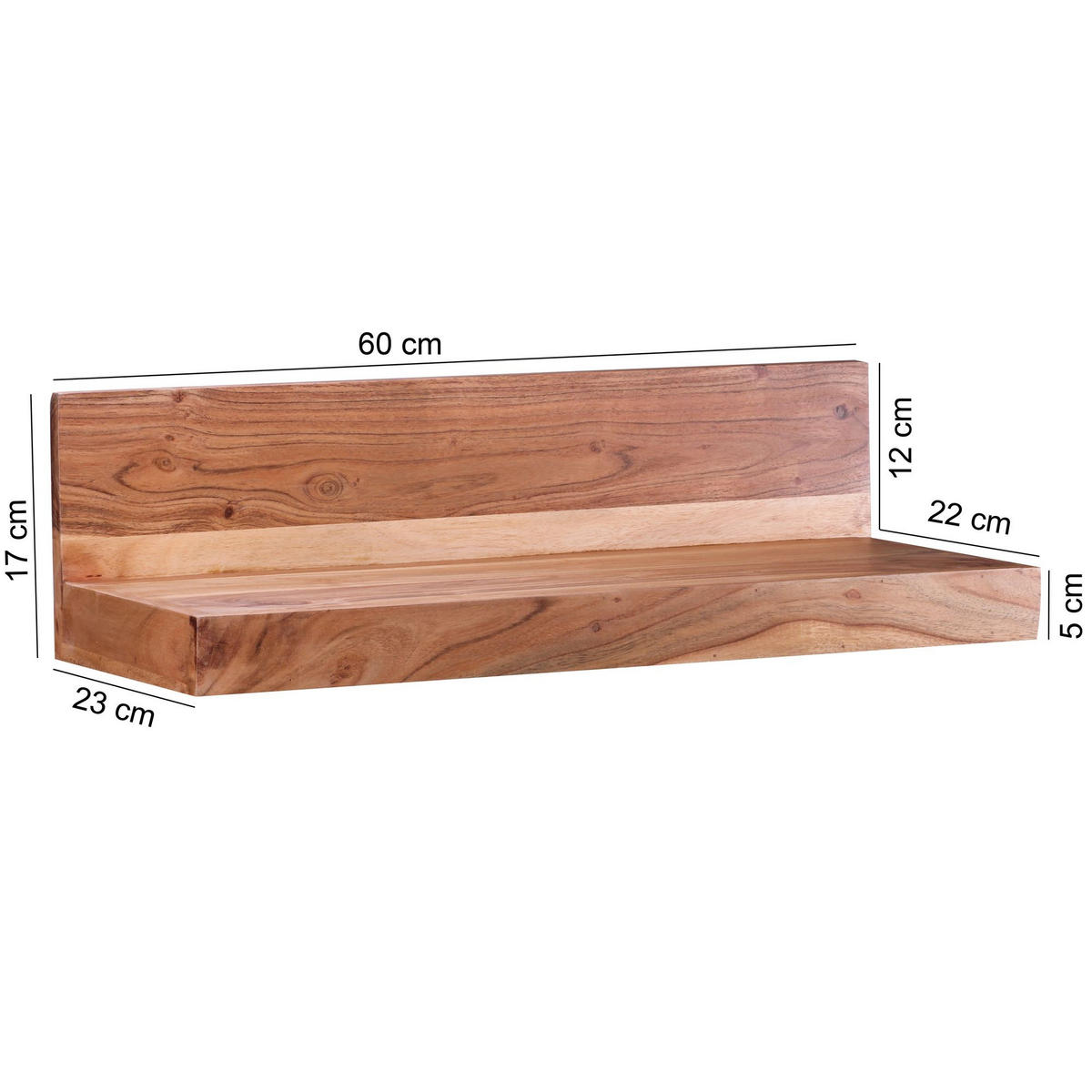 WANDREGAL eckig DAFNE Akazie Holzregal - Akaziefarben, Holz (60/17/23cm) - tinkaro