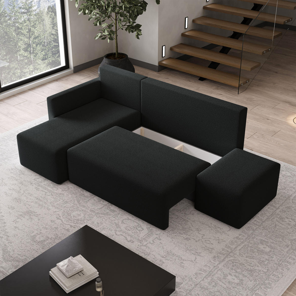 ECKSOFA VELOTTI L-S Schwarz Boucle-Stoff mit Schlaffunktion - Schwarz, Holz (261/143cm) - MASSENO