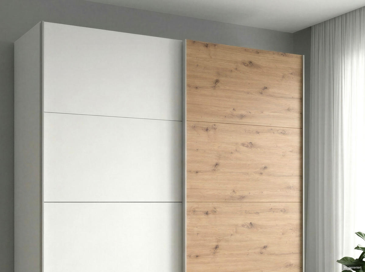 SCHWEBETÜRENSCHRANK 2-türig B179/H198/T65 cm, Kleiderschrank in Weiß, 1x Tür & sichtbare Schubkästen in Eiche Artisan Dekor / 22690 - Alufarben/Weiß, Holz/Holzwerkstoff (179/198/65cm) - luma-home