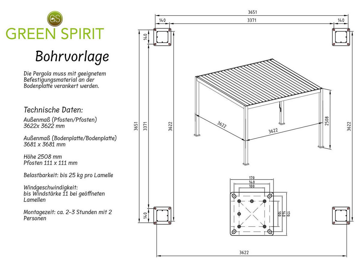 LAMELLENDACH-PERGOLA Mirador Deluxe 3,6x3,6 m Weiß Aluminium - Weiß, Kunststoff (360/250/360cm) - Green Spirit