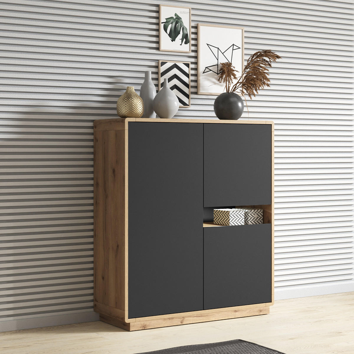 SIDEBOARD Raven Mattschwarz und Holz - Schwarz, Holzwerkstoff (121/126/40cm) - Petits-meubles