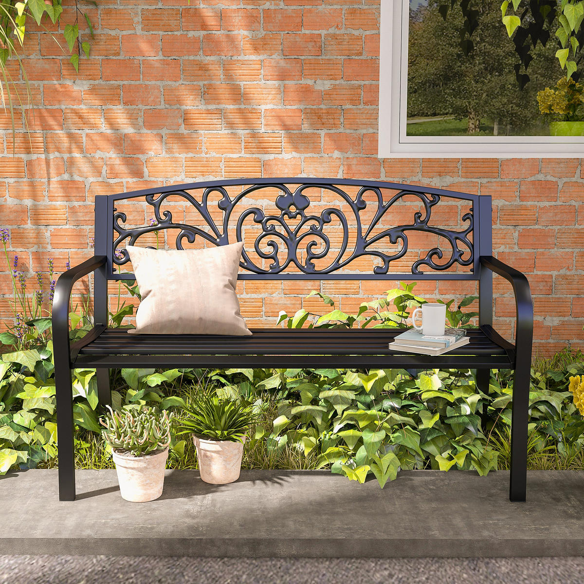 WETTERFESTE SITZBANK, bis 250 kg Belastbar, 127cm x 60cm x 87cm, Metall, Schwarz - Schwarz, Metall (60/87/127cm) - Outsunny