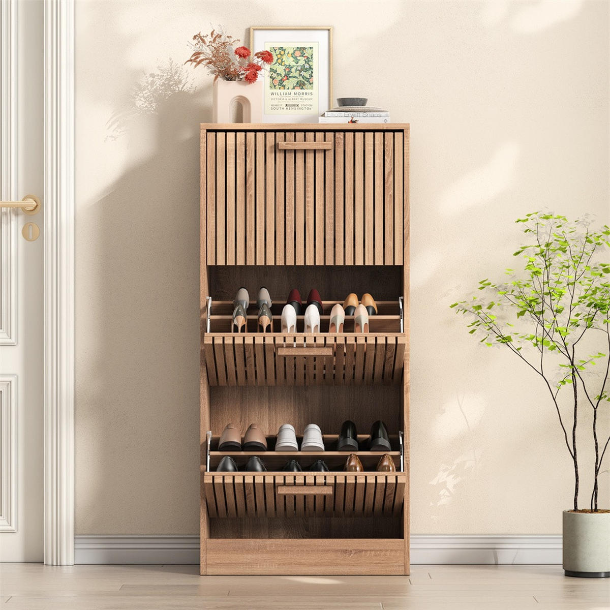 SCHUHSCHRANK im modernen Design - Kompakter Kipp-Schuhkipper mit Klappen - Schuhkipper mit gerilltem Design - Eichefarben, Holzwerkstoff (34/113/60cm) - DELFA