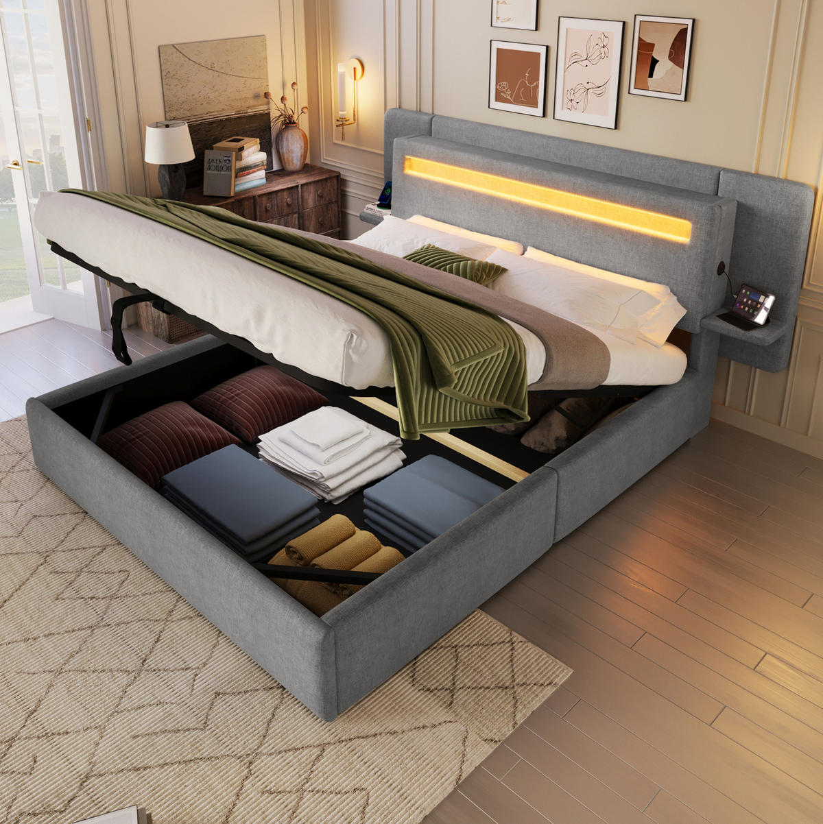 POLSTERBETT aus MDF und Leinen 140x200 cm Grau mit Bettkasten, LED-Beleuchtung, Nachttisch und USB-Anschluss - Grau, Textil (140/200cm) - Modfu
