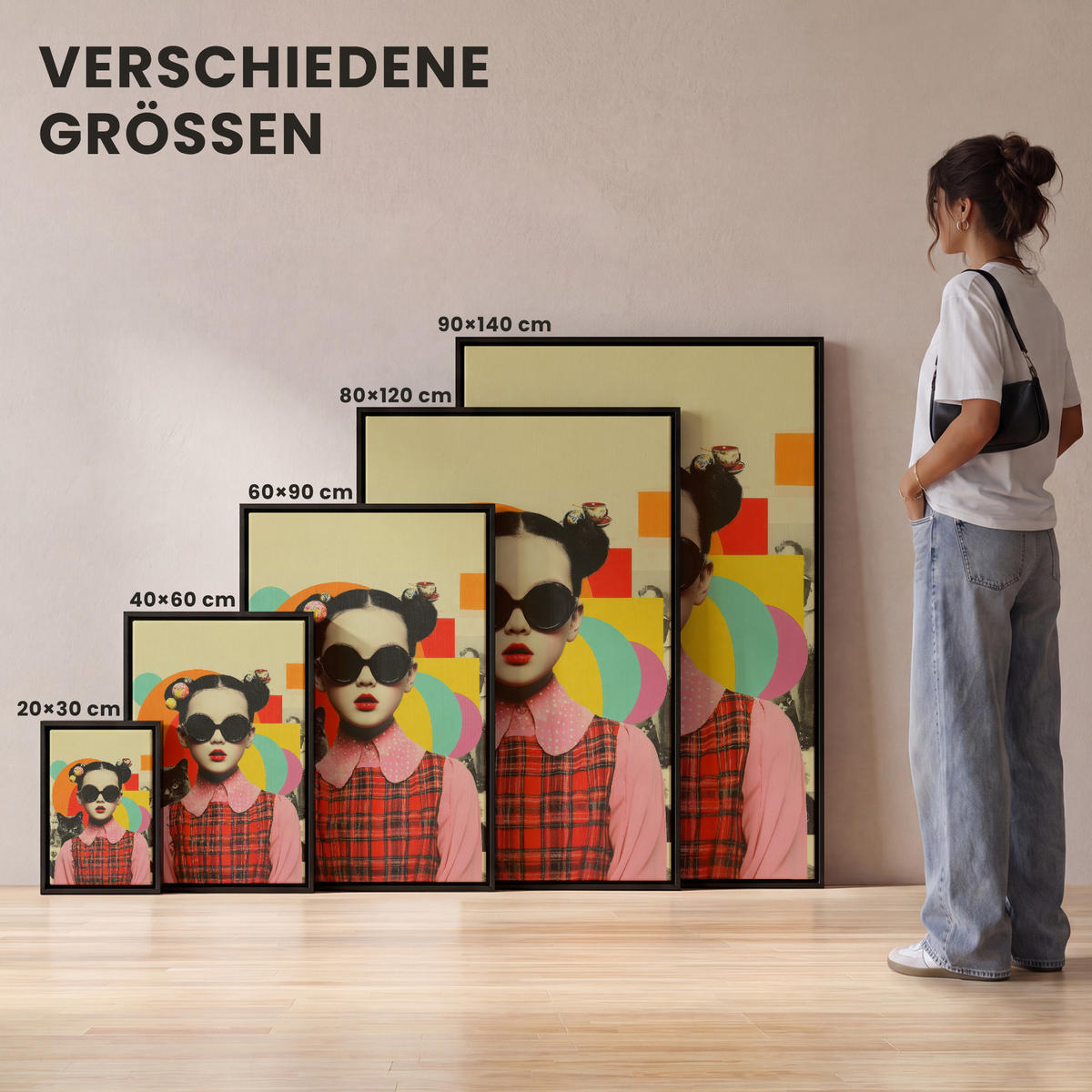 LEINWAND Bilder mit Rahmen - Mädchen - Sonnenbrille - Katze - Retro - 80x120 - Beige, Textil (80/120cm) - MuchoWow