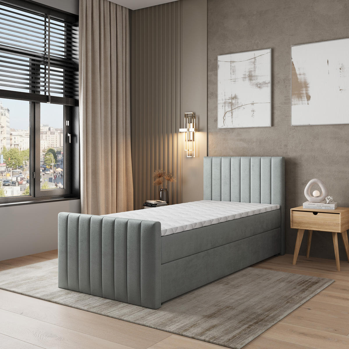 BOXBETT ARION 90 90x200 cm mit Matratze und Topper, H2+H3 - Hellgrau - Hellgrau, Holz (90/200cm) - MASSENO