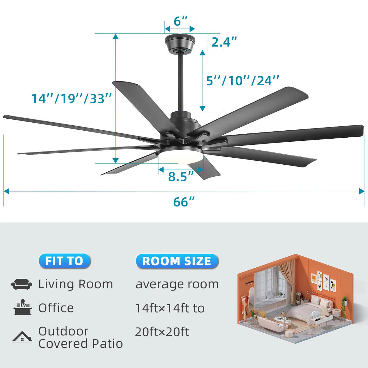 DECKENVENTILATOR DE-16194 66 Zoll Smart mit 8 Flügeln & LED - Schwarz, Kunststoff/Metall (167.64/167.64/26.8cm) - ComfortXL