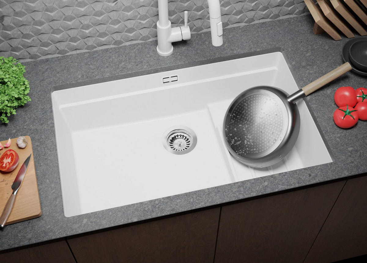 UNTERBAUSPÜLE GRANIT Praga, 2-er set Weiß 76/47 cm 1 Becken + Küchenarmatur 38/14 cm + Ablauf-Set + Aufrollbare Abtropffläche ab 80er Unterschrank - Chromfarben/Weiß, Kunststoff (76/20/47cm) - Primagran