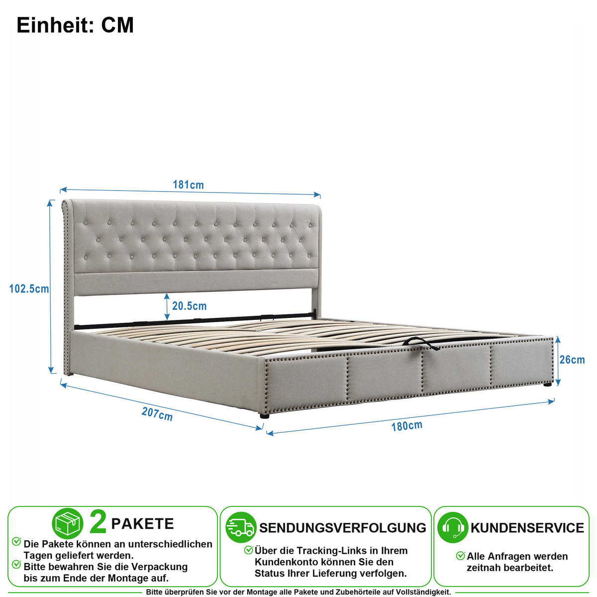 POLSTERBETT 180/200 cm in Grau Leinen mit Bettkasten und Nieten - Hellgrau, Holzwerkstoff/Textil (180/200cm) - CHICFURN